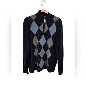 Harrison Davis 2 ply cashmere argyle blue 1/2 zip pullover sweater new